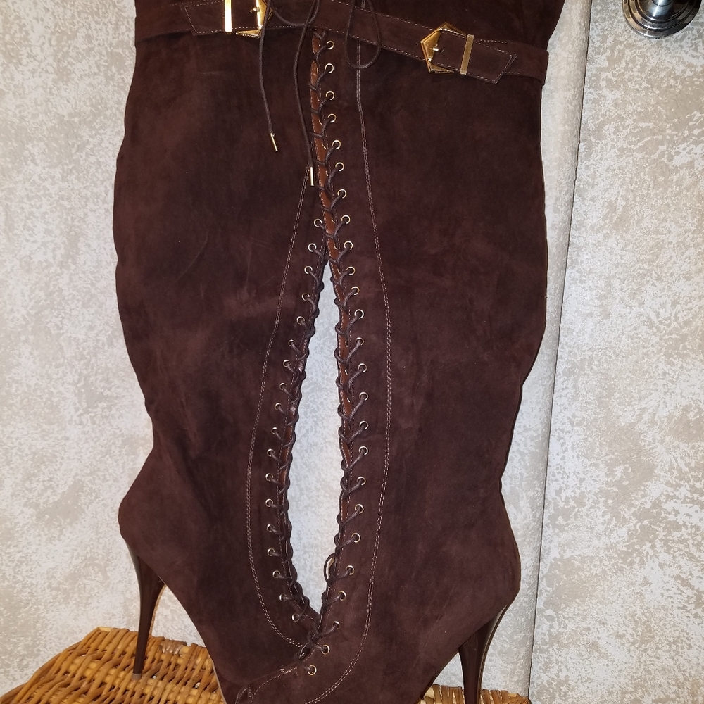 Brown suede thigh high heeled boots